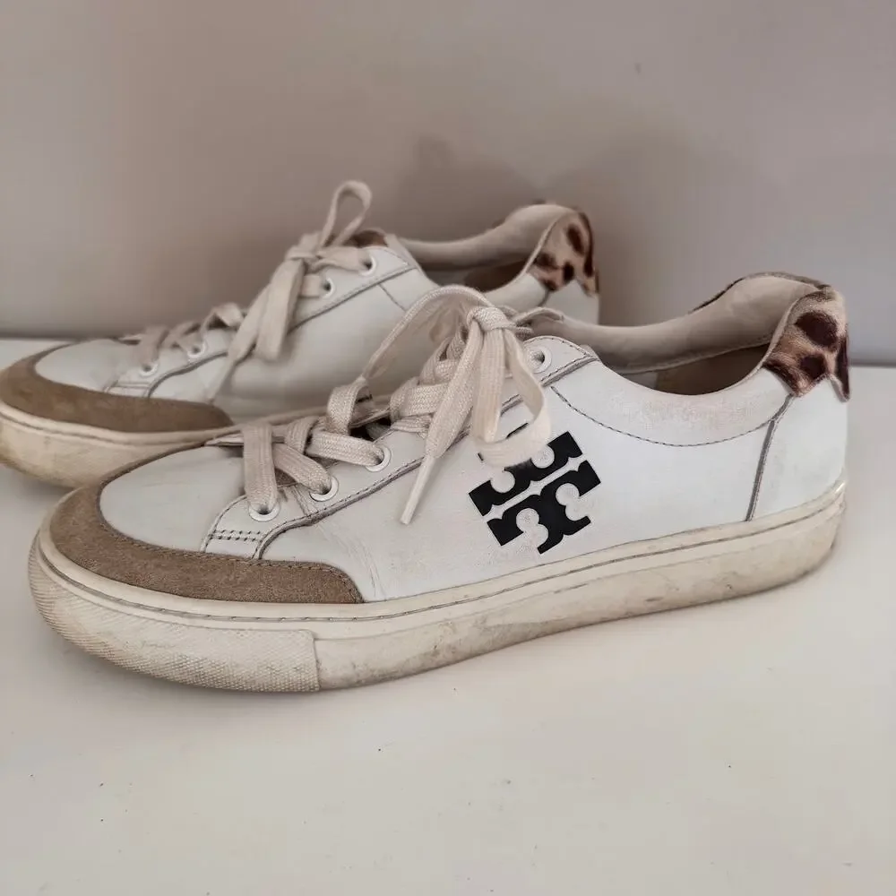 Tory Burch White Leather Andrea Color Block Logo Court Sneakers Womens Size 8